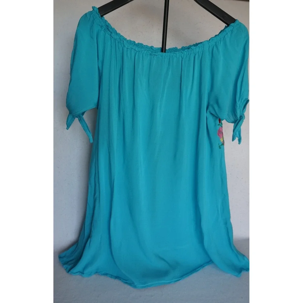 Jodifl Turquoise Floral Embroidered Off Shoulder Mini Dress B1769 Teal Blue L